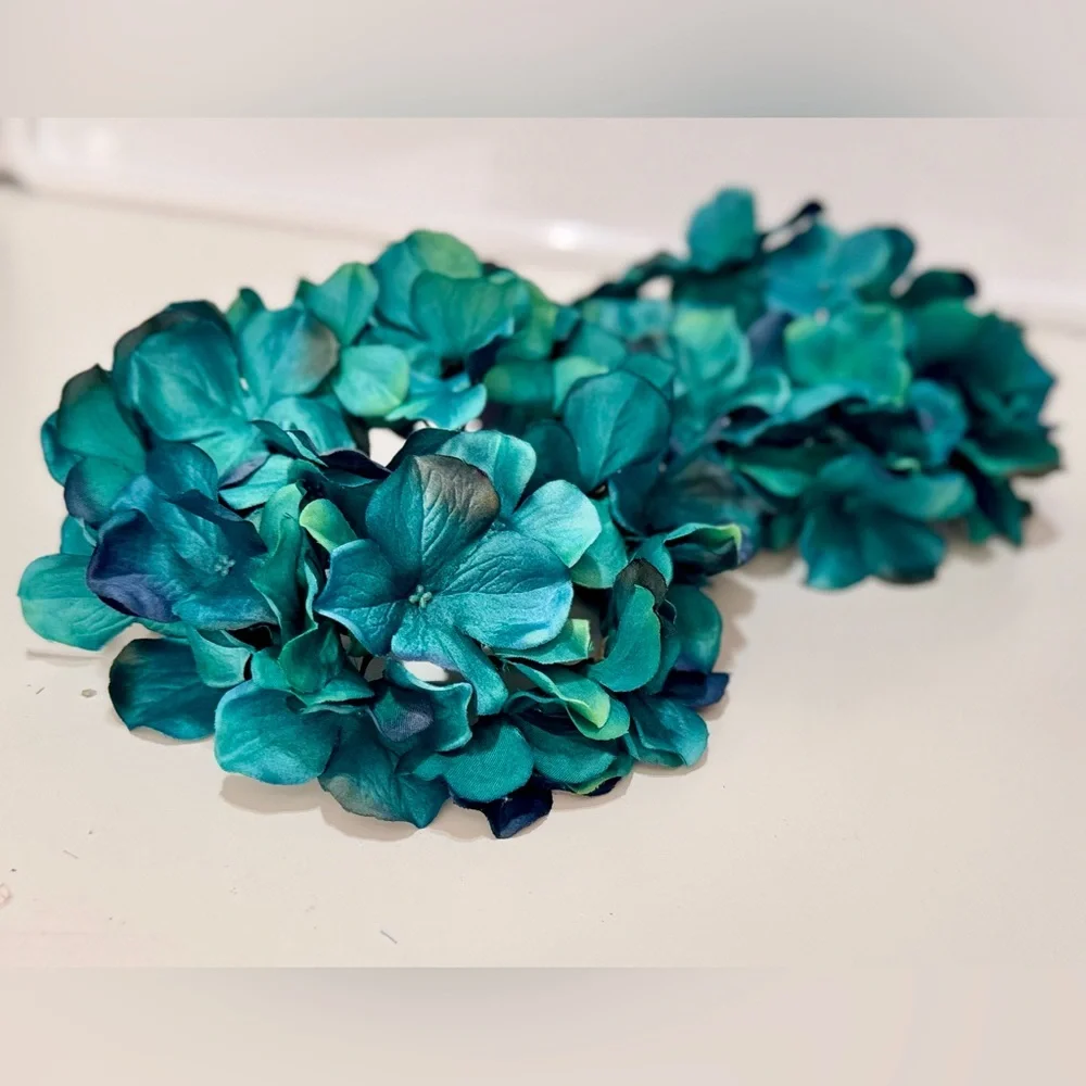 SHABBY CHIC 2 Teal Blue Hydrangea Stems Floral Arrangement Faux Flower Lifelike